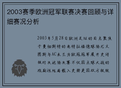 2003赛季欧洲冠军联赛决赛回顾与详细赛况分析