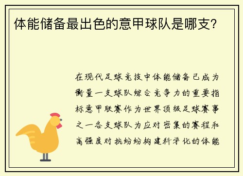 体能储备最出色的意甲球队是哪支？